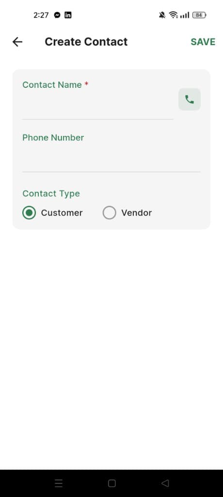 Inventory Stock Tracker create contact screen for customers and vendors