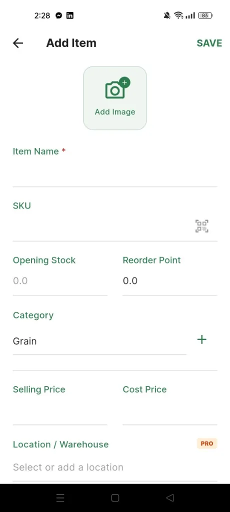 Inventory Stock Tracker add item form with SKU, stock, and pricing fields