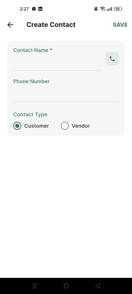 Inventory Stock Tracker create contact screen for customers and vendors