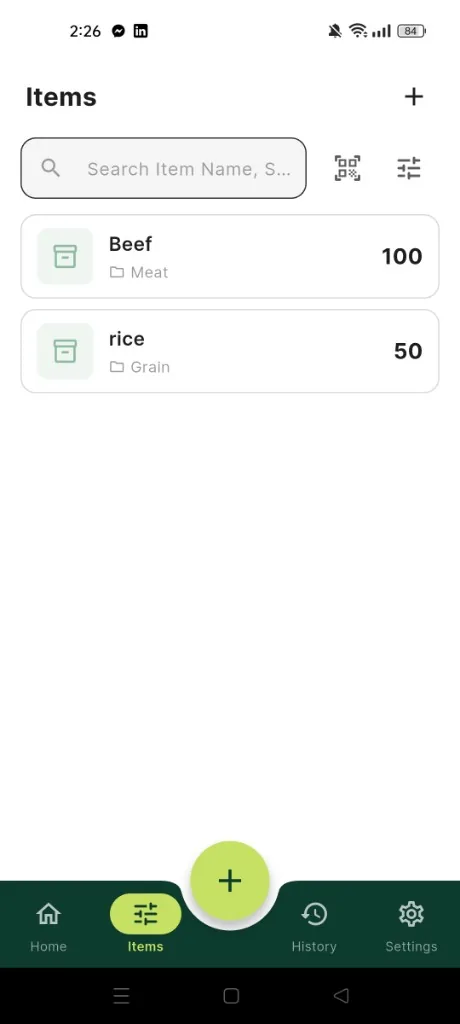 Inventory Stock Tracker items list with search and quick add