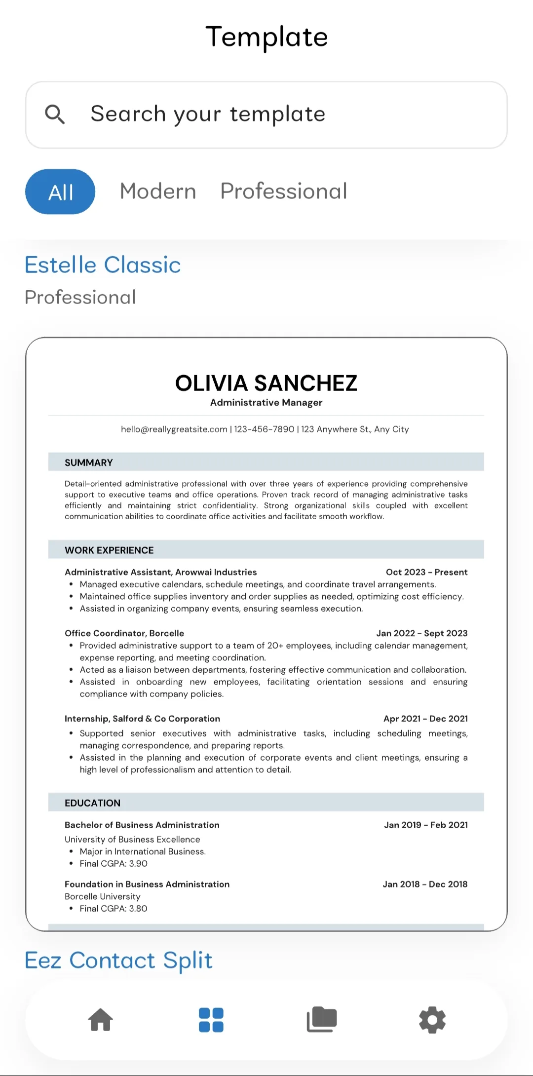 Resume Builder template selection with live preview