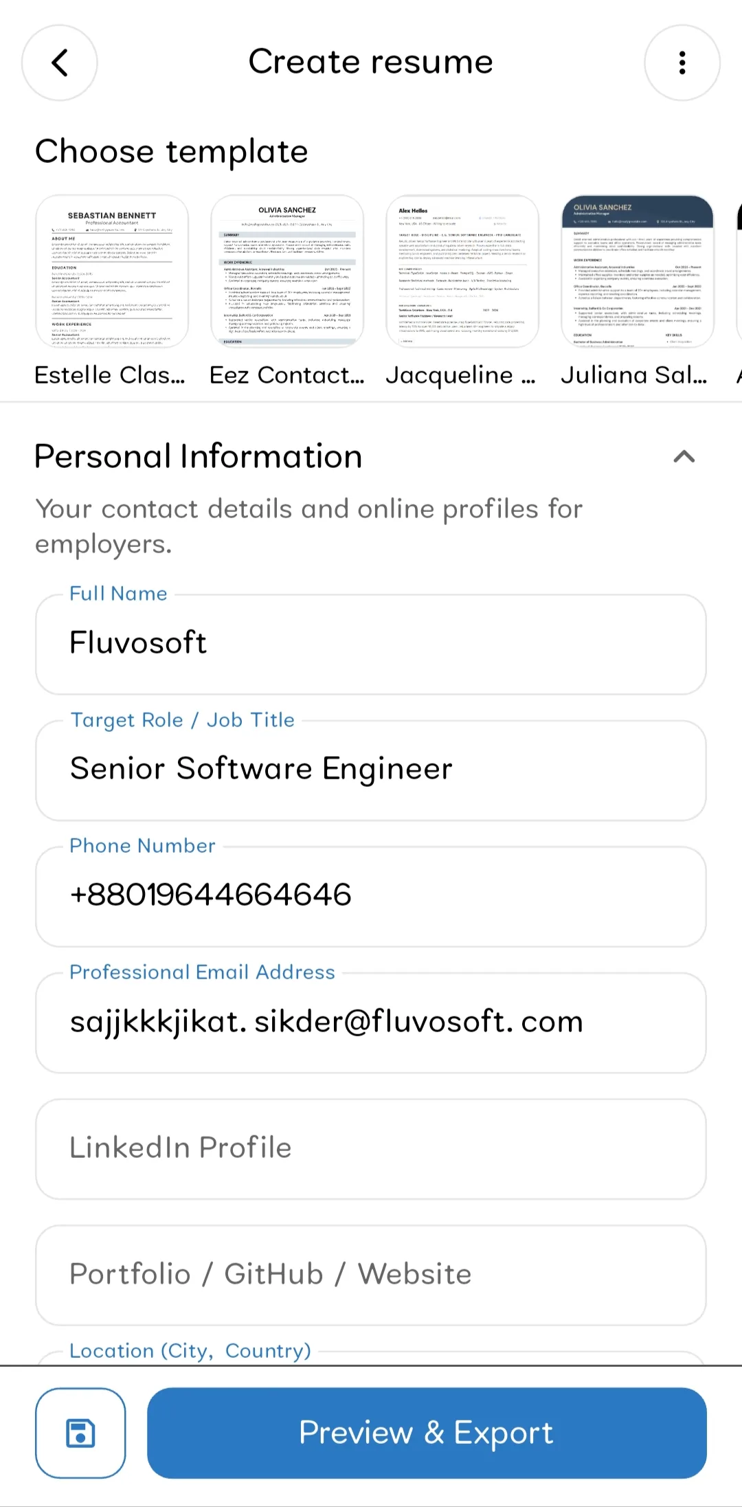 Resume Builder create resume screen with personal information fields