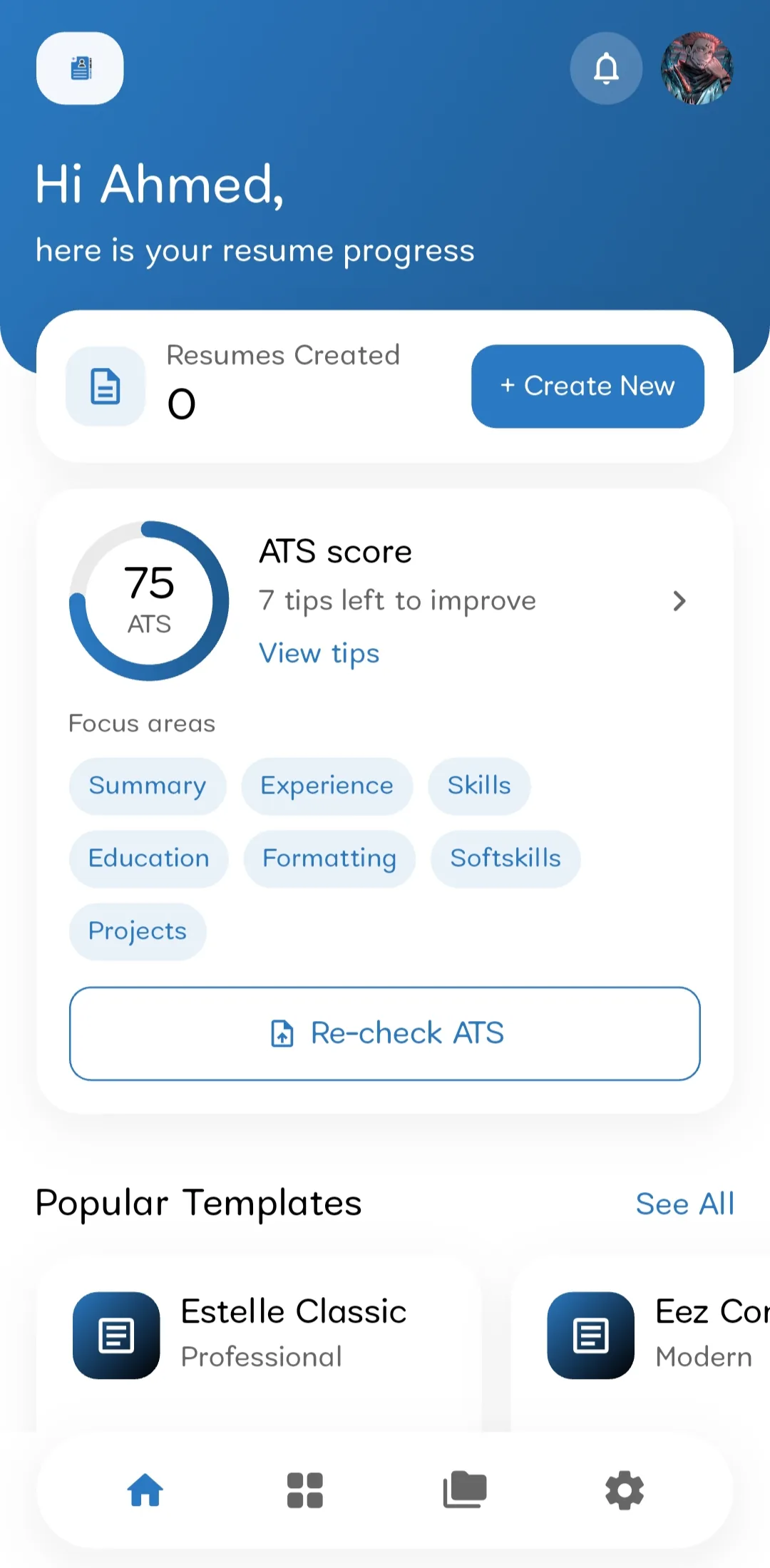 Resume Builder home screen with resume progress and ATS score
