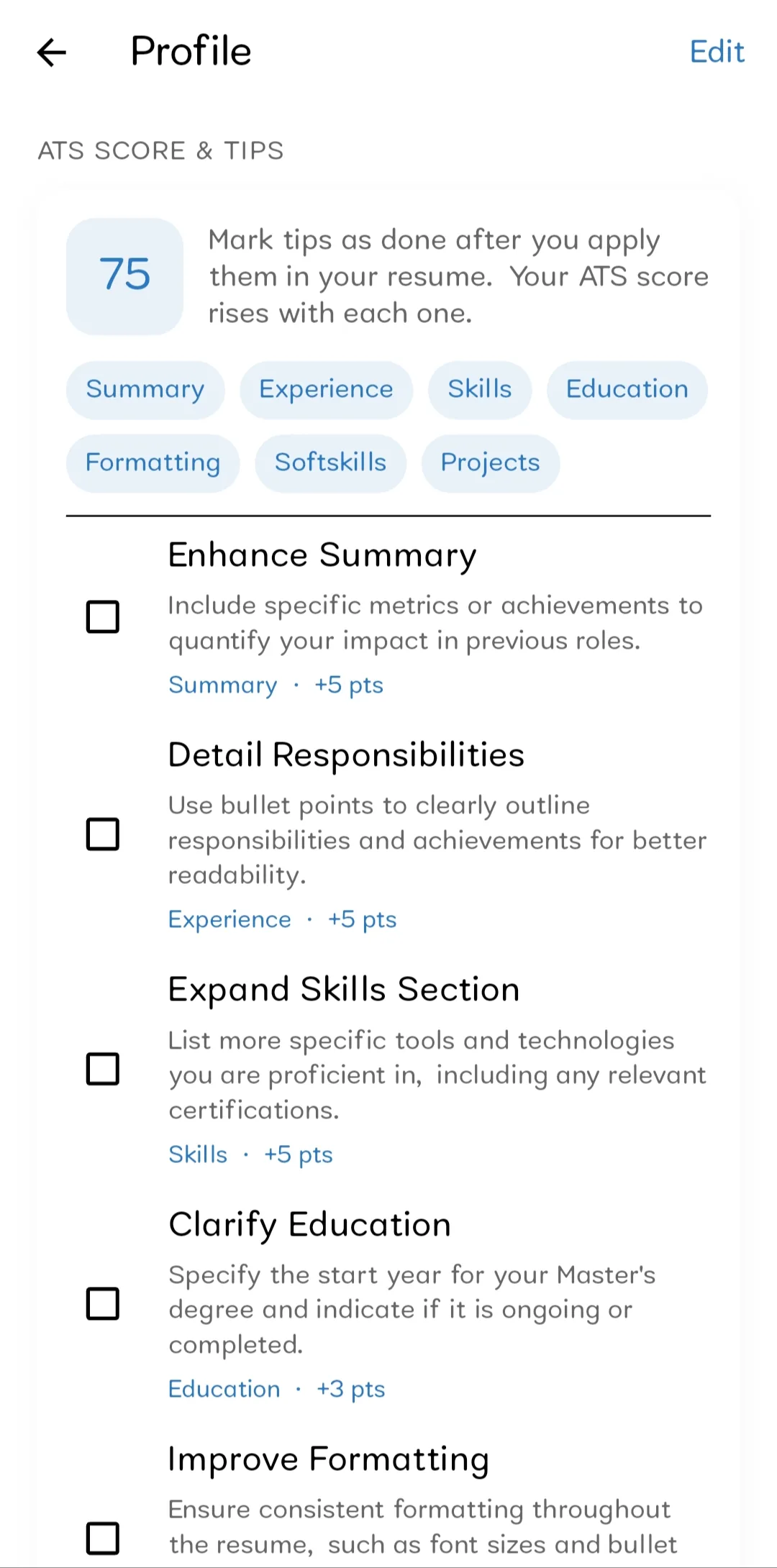 Resume Builder ATS score and improvement tips on profile